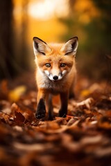 Obraz premium Red fox in the autumn forest. Beautiful wild animal in nature.