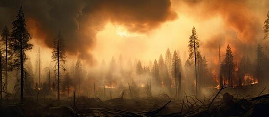 Smoke from a raging fire obscures the sun in the forest. - obrazy, fototapety, plakaty