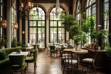 Cozy posh luxurious interior design of a cafe or a bar with wooden classic parquet floor, tall ceiling, french windows, parisian look, off-white textiles, many green plants - obrazy, fototapety, plakaty