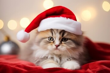 Obraz na płótnie Canvas Cute Cat Wearing Santa hat on bokeh lights background, Funny Animal in Christmas and Happy New Year background. 