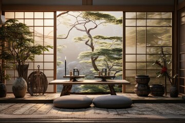 Traditional Japanese Tea Room with Tranquil Zen Aesthetics, Sliding Shoji Screens, Tatami Flooring, Low Wooden Table, Floor Cushions