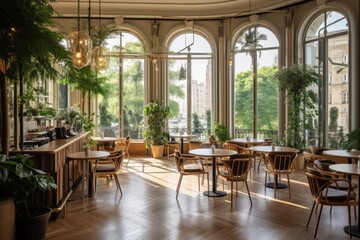 Fototapeta na wymiar Cozy posh luxurious interior design of a cafe or a bar with wooden classic parquet floor, tall ceiling, french windows, parisian look, off-white textiles, many green plants