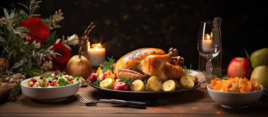 Thanksgiving at home with festive dinner, including traditional autumnal food like chicken, potato garnish, cold cuts, and fresh salad. - obrazy, fototapety, plakaty