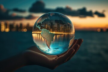 Hand Holding Crystal Ball Reflecting City Skyline at Sunset with World Map Overlay in Front of Ocean