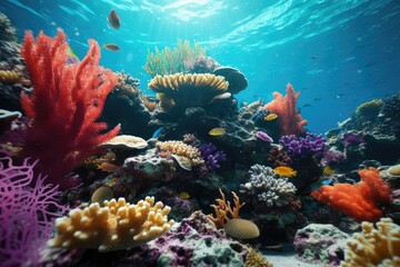 Naklejka na ściany i meble Underwater Landscape Vibrant Coral Reef Teeming with Marine Life and Sun Rays