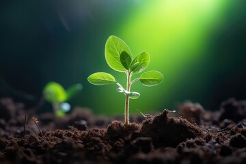 Young plant of mint sapling sprouting from the ground in sunlight