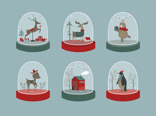 Set of snow globe with cute Merry christmas animal.Design for Christmas and New Year greeting card.Vector illustrations. - 685496535