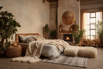 Fototapeta premium Cozy modern minimalistic scandinavian interior design of a spacious bedroom with wooden bed and classic parquet floor, huge windows, fireplace, earthly tones and beige colors in scandinavian style