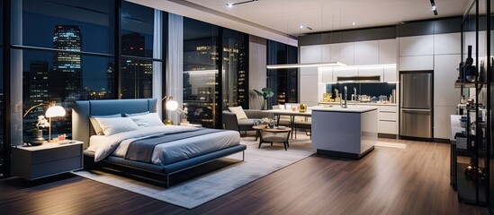 Studio apartment with open floor plan, featuring a combined living room, dining area, and kitchen, and a bedroom separated by a glass wall with illuminated lights.