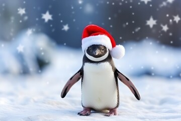 Fototapeta premium Cute Penguin Wearing Santa hat on bokeh lights background, Funny Animal in Christmas and Happy New Year background. 
