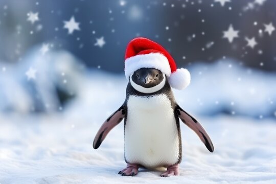 Cute Penguin Wearing Santa hat on bokeh lights background, Funny Animal in Christmas and Happy New Year background.
