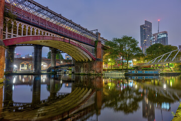 The famous Castlefield Viaduct in Manchester, UK, at night