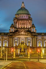 The imposing Belfast City Hall illuminated at twilight