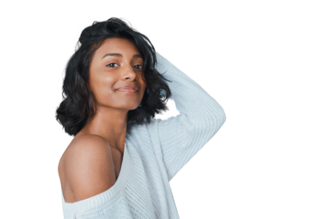 Fashion, skincare and face portrait of woman on isolated transparent png background. Trendy top, smile and Indian female model with makeup, dermatology and beauty facial treatment for skin health