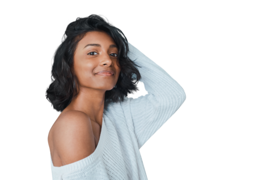 Fashion, skincare and face portrait of woman on isolated transparent png background. Trendy top, smile and Indian female model with makeup, dermatology and beauty facial treatment for skin health