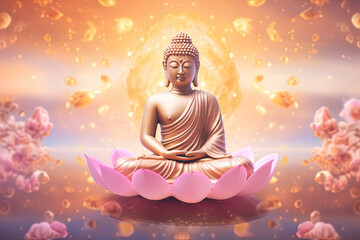 Glowing golden buddha meditating on a lotus, heaven cloud background