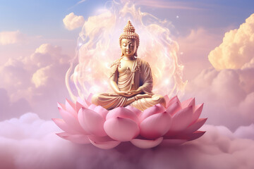 Glowing golden buddha meditating on a lotus, heaven cloud background - obrazy, fototapety, plakaty