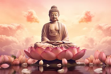 Fototapeten Glowing golden buddha meditating on a lotus, heaven cloud background © Kien