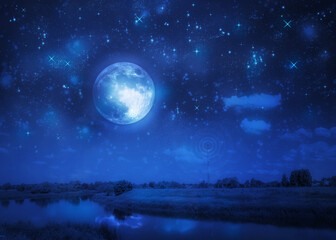 Blue full moon over night river