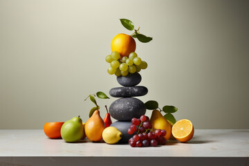 Balancing fruits on the table. Pyramid of fruits.