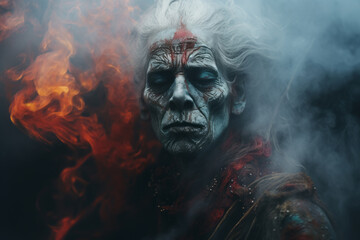 Gothic witch. Ghost in the fog, in the paranormal world with smoke and flames. Mystical atmosphere.