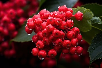 Red viburnum. Closeup of red edible berries. A bunch, cluster of snowball berries. Dew on berries and leaves of snowball tree. Botany, plant. White hazel tree. A racemation of viburnum berries - obrazy, fototapety, plakaty