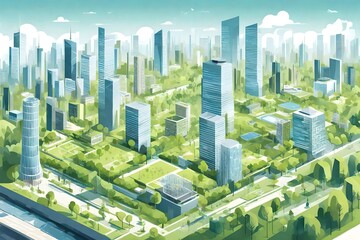 A smart city skyline with energy-efficient buildings and green spaces.