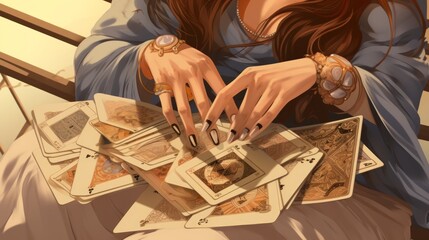an illustration of female hands drawing the tarot cards from the deck. A fortune teller woman with tattoos doing divination indoors in a sunlit room - obrazy, fototapety, plakaty