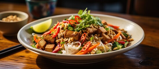 Vegan Udon with Padthai sauce, topped with tofu, vegetables, peanuts, and served with chopsticks.