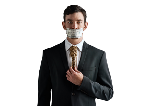 Businessman, portrait and bribe with money tape for fraud, corruption or isolated on a transparent PNG background. Face of man or employee with dollar bill, cash or note on mouth for private finance