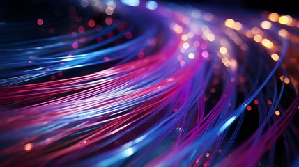 a close-up macro image of multicolored vibrantly glowing optical fiber. Abstract background