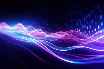 Naklejka premium illustration of abstract background of futuristic corridor with purple and blue neon lights wave speed light