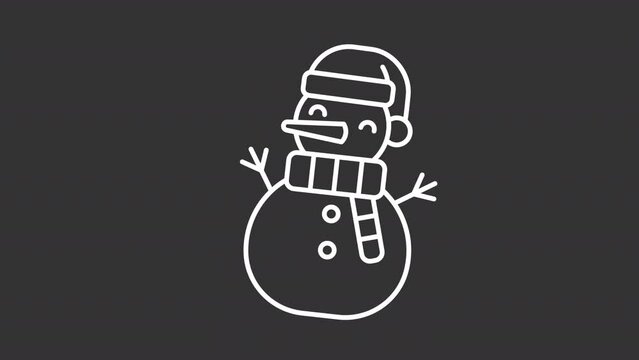 Animated snowman white icon. Happy snow man dancing line animation. Figure made of snow. Winter holidays symbol. Isolated illustration on dark background. Transition alpha video. Motion graphic