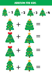 Addition for kids with different cute cartoon Christmas trees