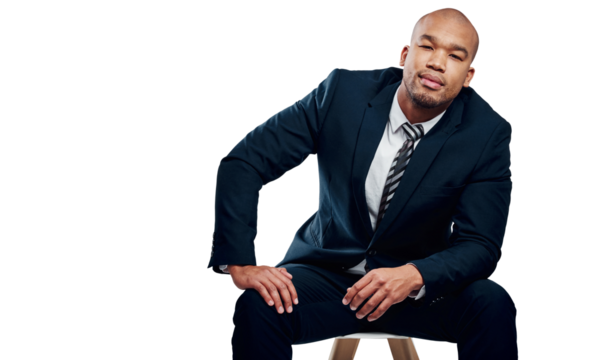Business, chair and portrait of black man with confidence on isolated, transparent or png background. Worker, face and young profession African lawyer with positive attitude, mindset or career goals