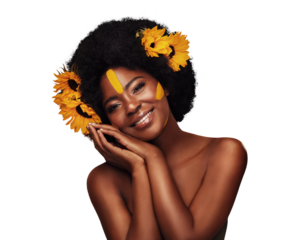 Hair care, sunflowers and portrait of black woman, hands on skin and natural beauty isolated on a transparent png background. Cosmetics, touch face makeup and floral afro, organic salon and smile