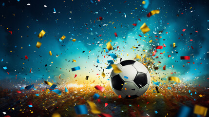 Confetti celebration in soccer field background
