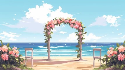 Beach wedding arch and decoration on seaside parallax Ai Generative