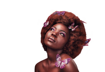 Black woman, beauty and cosmetics with butterflies in hair, makeup and thought with natural glow...