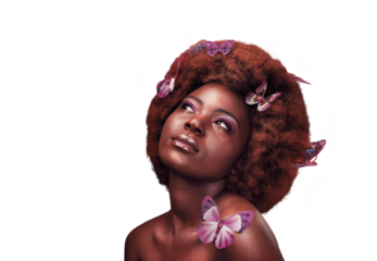 Black woman, beauty and cosmetics with butterflies in hair, makeup and thought with natural glow for relax wellness. African model, fantasy and confident and isolated on transparent png background