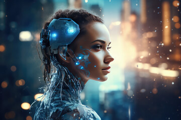 female model in the future with the futuristic robot