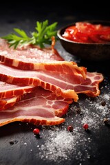 Delicious fresh thinly sliced pancetta with salt and spices on a dark background
