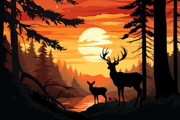 Illustration of a silhouette of a deer family in the forest at sunset