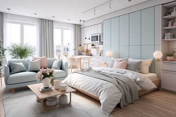 Fototapeta na wymiar Scandinavian style small studio apartment with stylish design in light pastel colors with big window