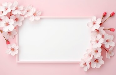 Fototapeta na wymiar Wooden Frame with white and pink cherry blossoms.