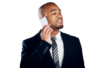 Businessman, thinking and phone call for communication, discussion and listen by cellular, network or connection. Black person, consultant and mobile app on isolated or transparent png background