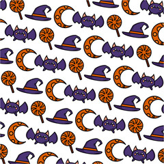 "A close up of a pattern of Halloween cats and bats" depicts a detailed, intricate design featuring cats and bats, making it suitable for Halloween-themed projects and merchandise.