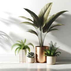 Green fresh indoor plants collection Light living room indoor plants in white ceramic pot with white background, enhancing the beauty of the home with their fresh and decorative charm