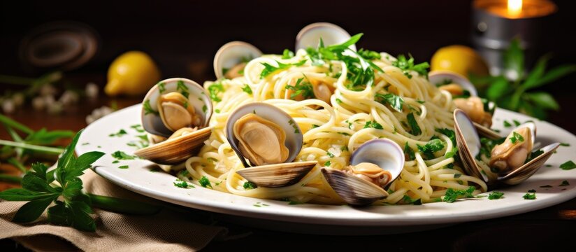 Spaghetti alle vongole cooked with oil, white wine, garlic, parsley.