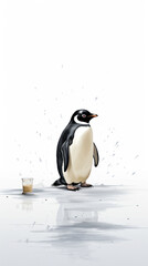 A penguin gazes at a spilled drink, an artistic expression of unexpected events in a stark white studio space.